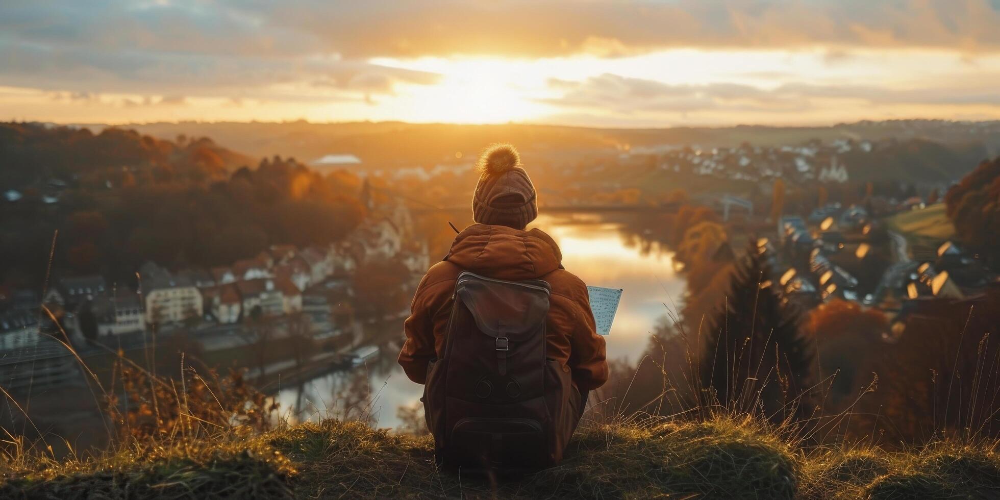 ai generiert Frau mit Rucksack suchen beim Karte foto