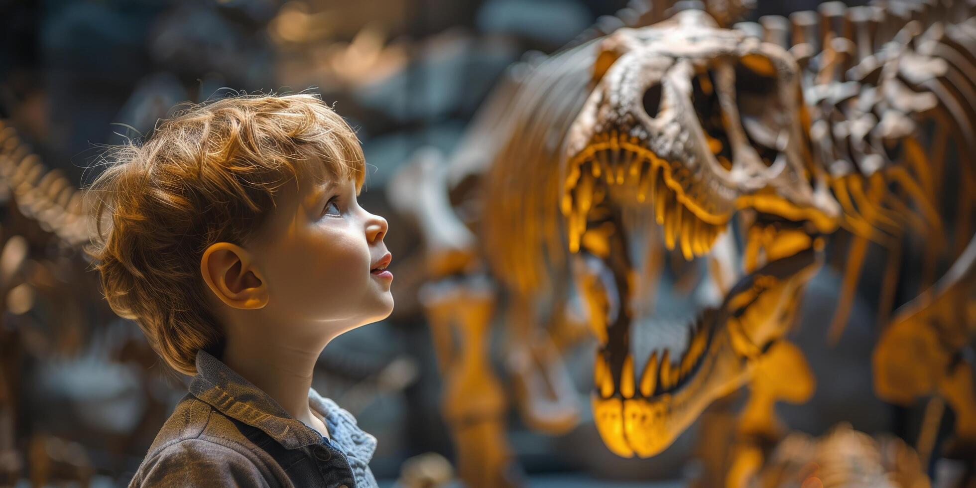 ai generiert jung Junge Wunder beim Dinosaurier Skelett im natürlich Geschichte Museum foto