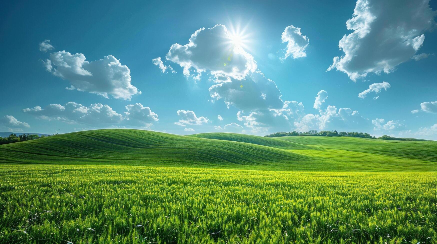 ai generiert grün Gras Feld unten Blau Himmel foto