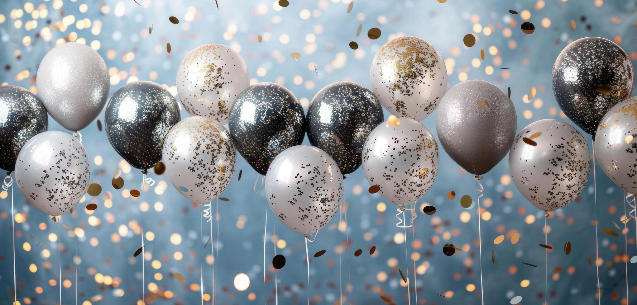 ai generiert Geburtstag Feierlichkeiten mit Konfetti Luftballons und Silber Konfetti foto