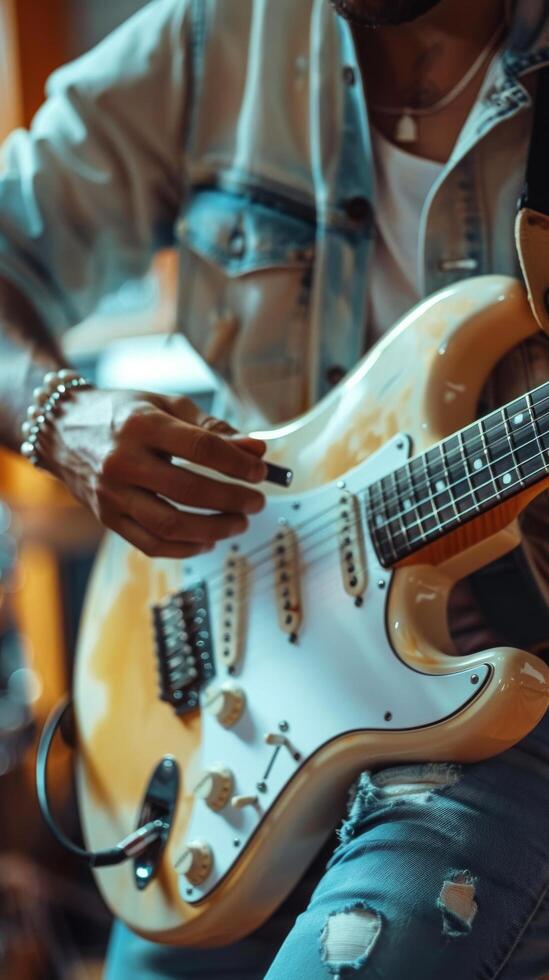 ai generiert Mann spielen elektrisch Gitarre im Aufzeichnung Studio foto