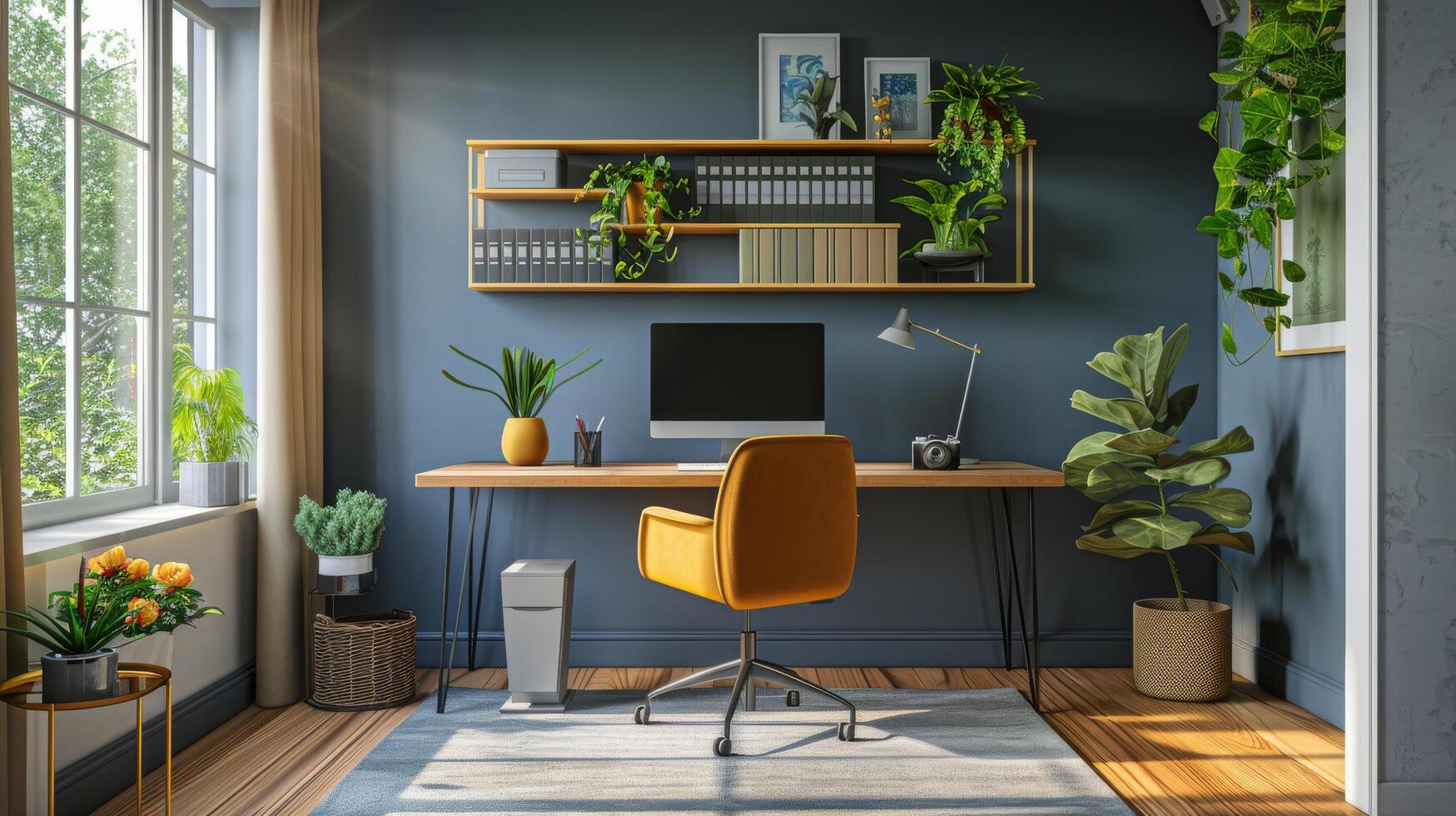 ai generiert Büro Zimmer mit Schreibtisch, Stuhl, Bücherregal, und eingetopft Pflanzen foto