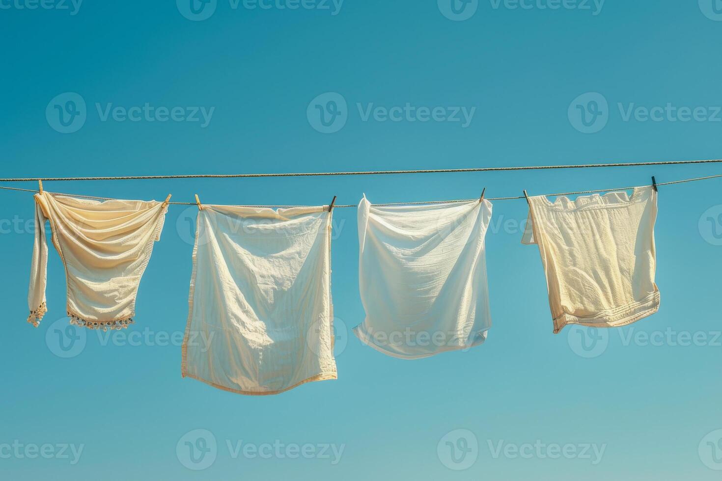 ai generiert Weiß Kleider und Leinen- hängend auf ein Waschen Linie gegen ein klar Blau Himmel foto