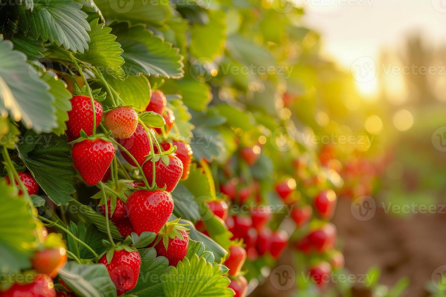 ai generiert Reihen von Erdbeere Pflanzen im das Licht von ein Rahmen Sonne mit reif Früchte bereit zum pflücken, ein Sanft golden Stunde Ambiente umhüllend das Bauernhof foto