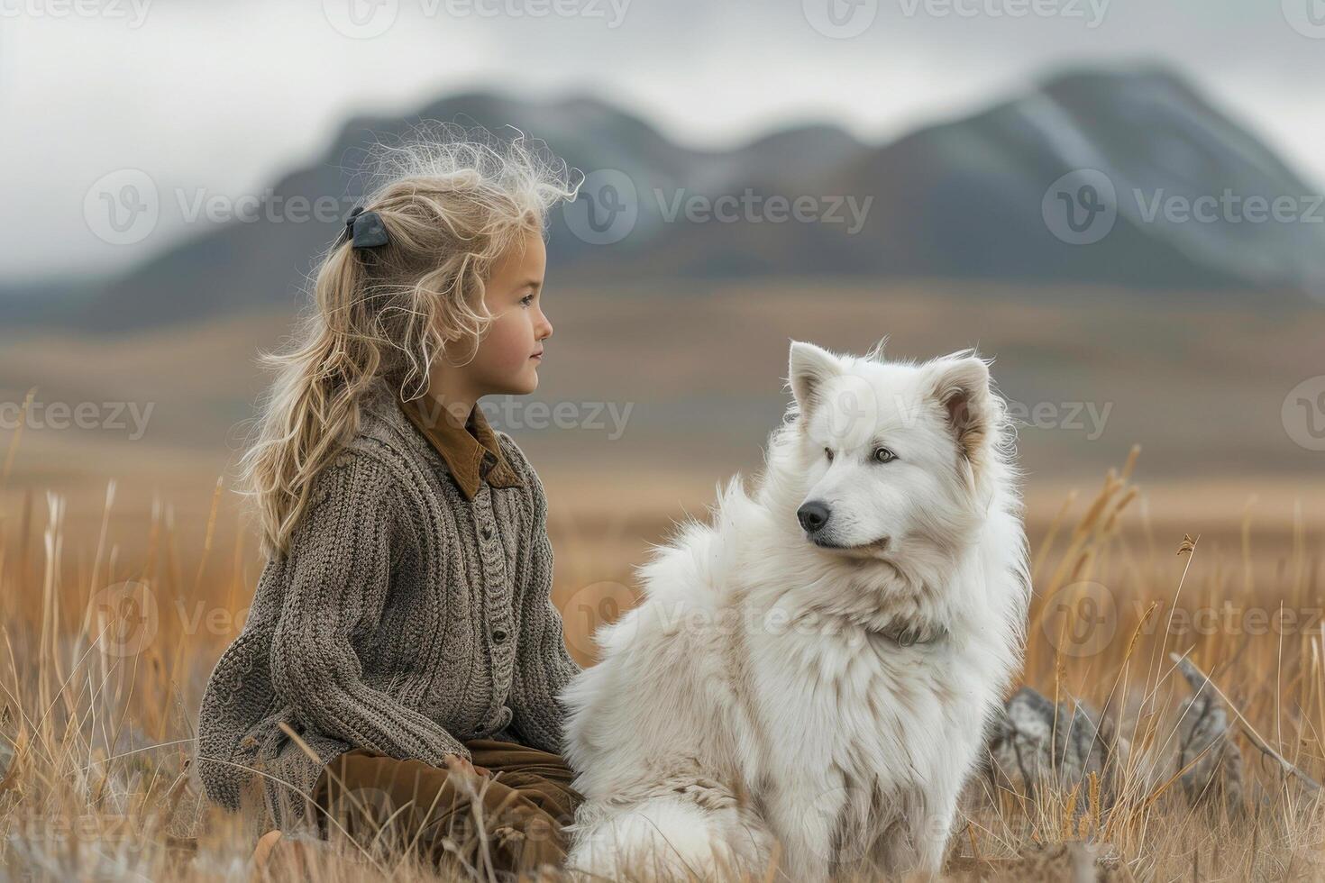 ai generiert ein jung Mädchen sitzt gelassen im ein Berg Feld, begleitet durch ihr treu Weiß Hund, beide suchen aus in das Distanz. foto