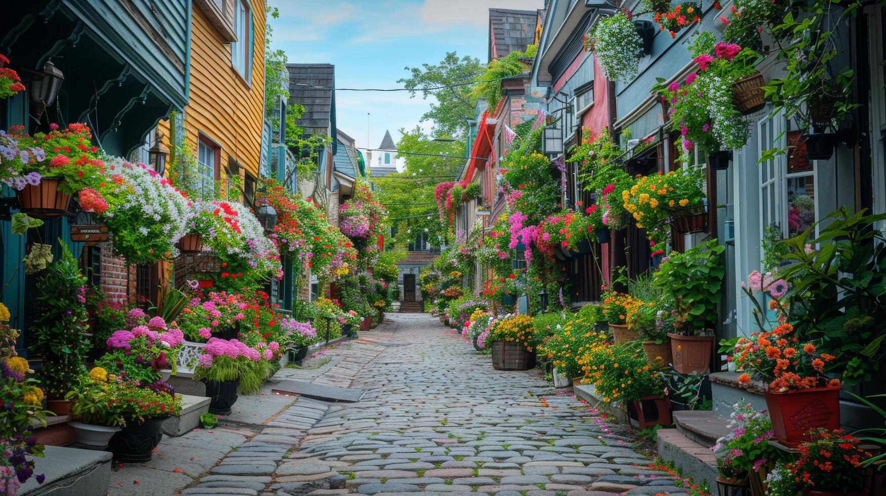 Kopfsteinpflaster Straße gefüttert mit bunt Blumen foto