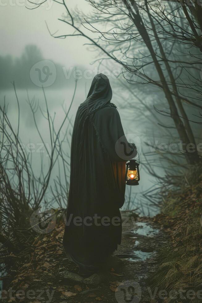 einsam Wanderer mit Laterne auf ein neblig Seeufer Pfad foto