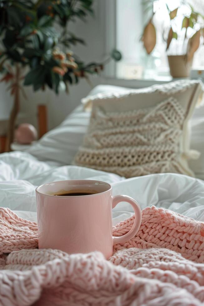 Rosa Kaffee Tasse auf Bett foto