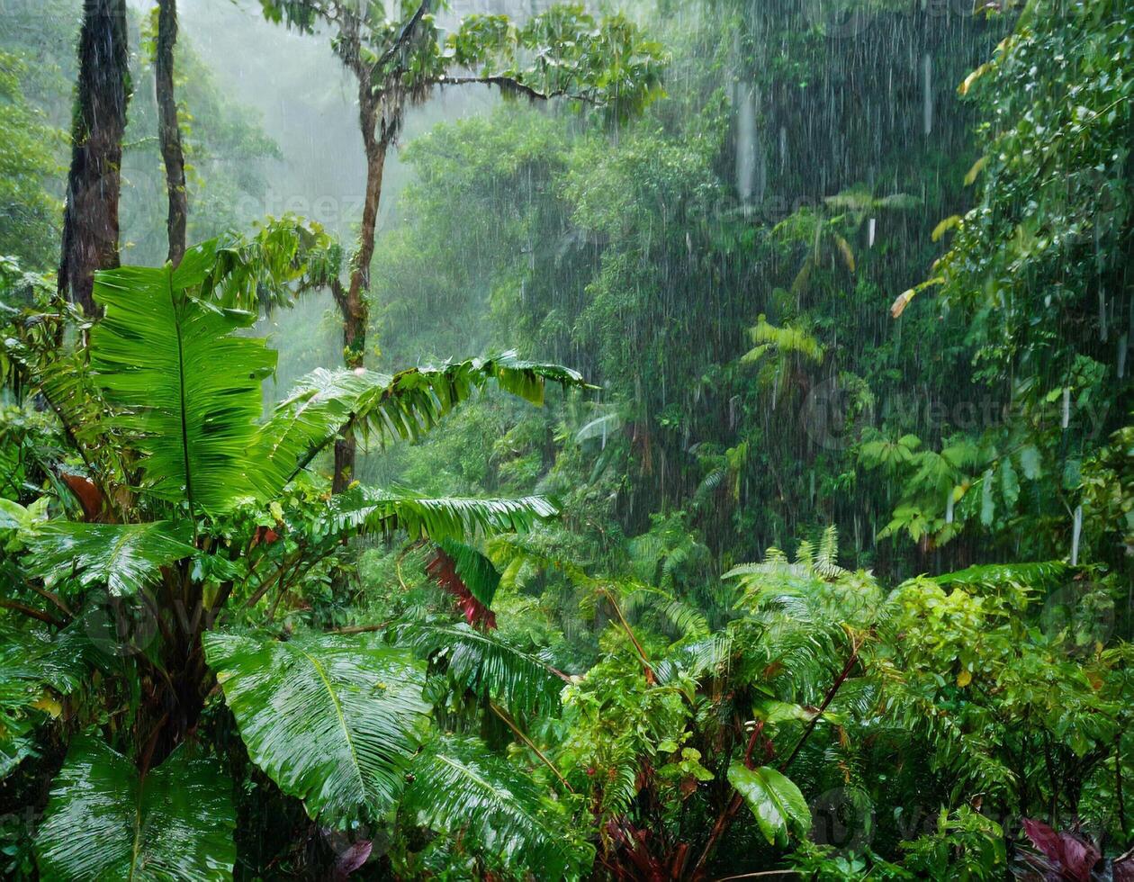 ai generiert üppig Vegetation regnerisch Tag Hintergrund foto