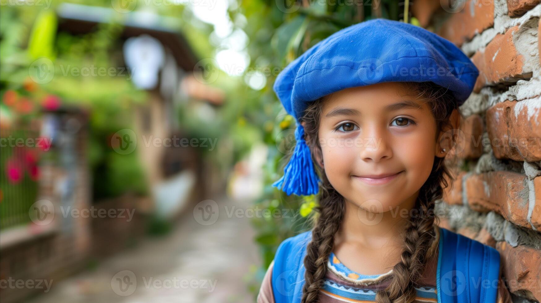 lächelnd jung Mädchen im Blau Baskenmütze durch Backstein Mauer auf Kopfsteinpflaster Straße foto