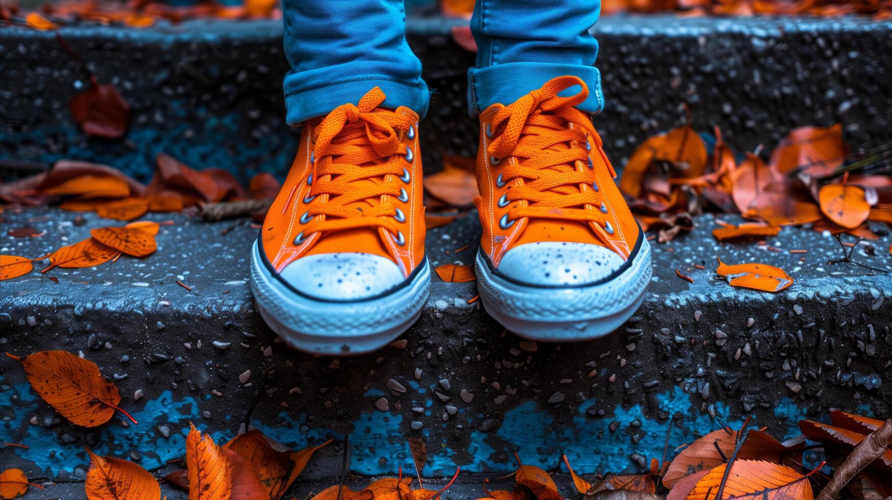 beschwingt Orange Turnschuhe auf ein Treppe mit Herbst Blätter foto