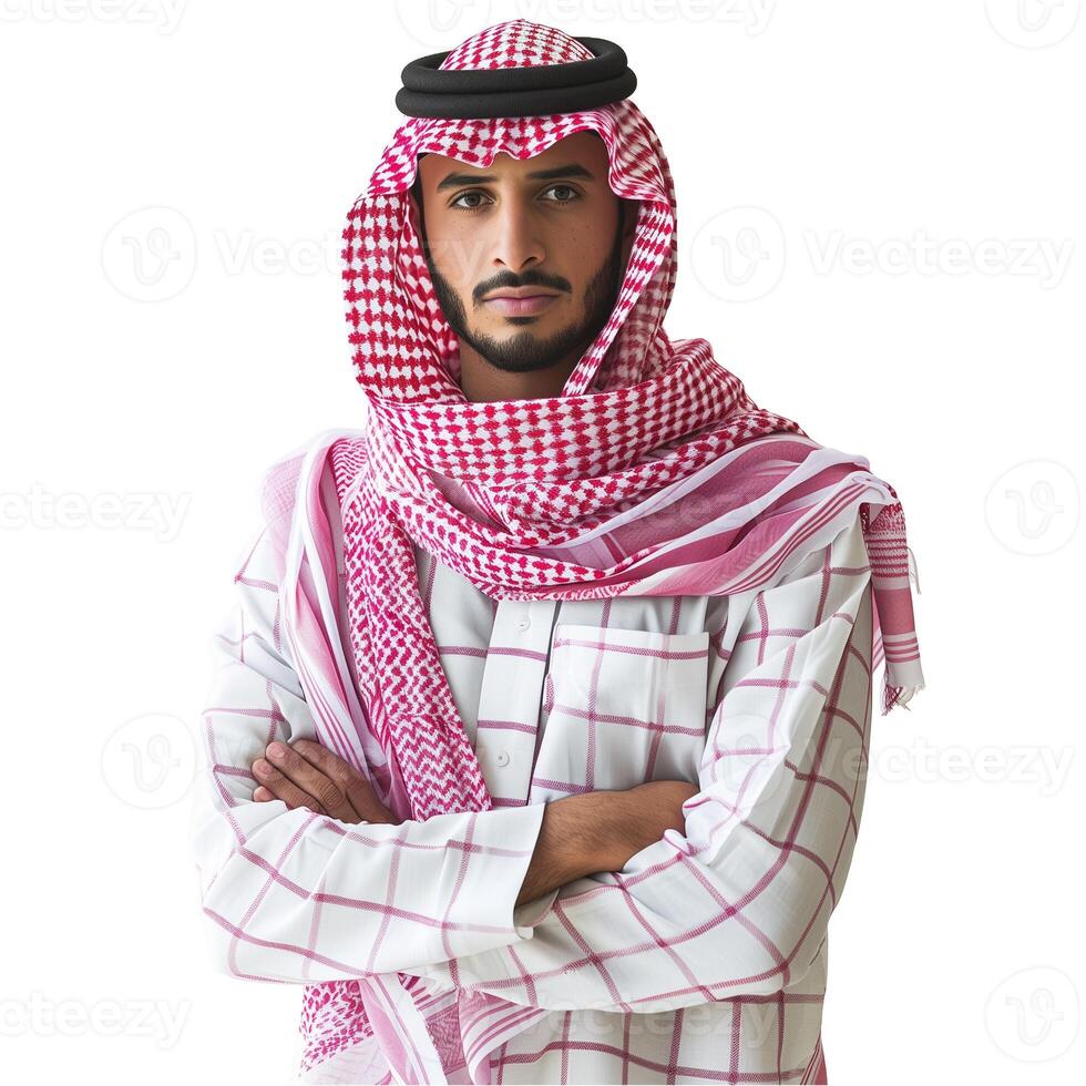 zuversichtlich arabisch Mann im traditionell Kleidung auf transparent Hintergrund foto