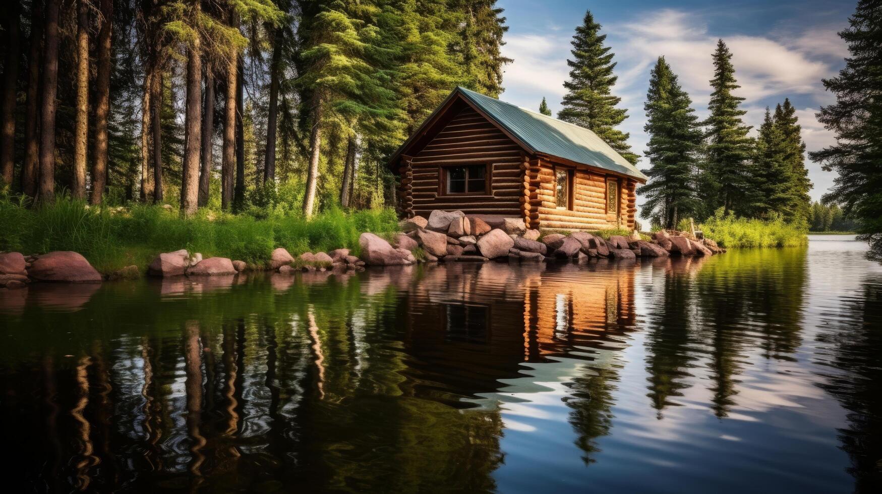 rustikal Hütte friedlich See Aussicht foto