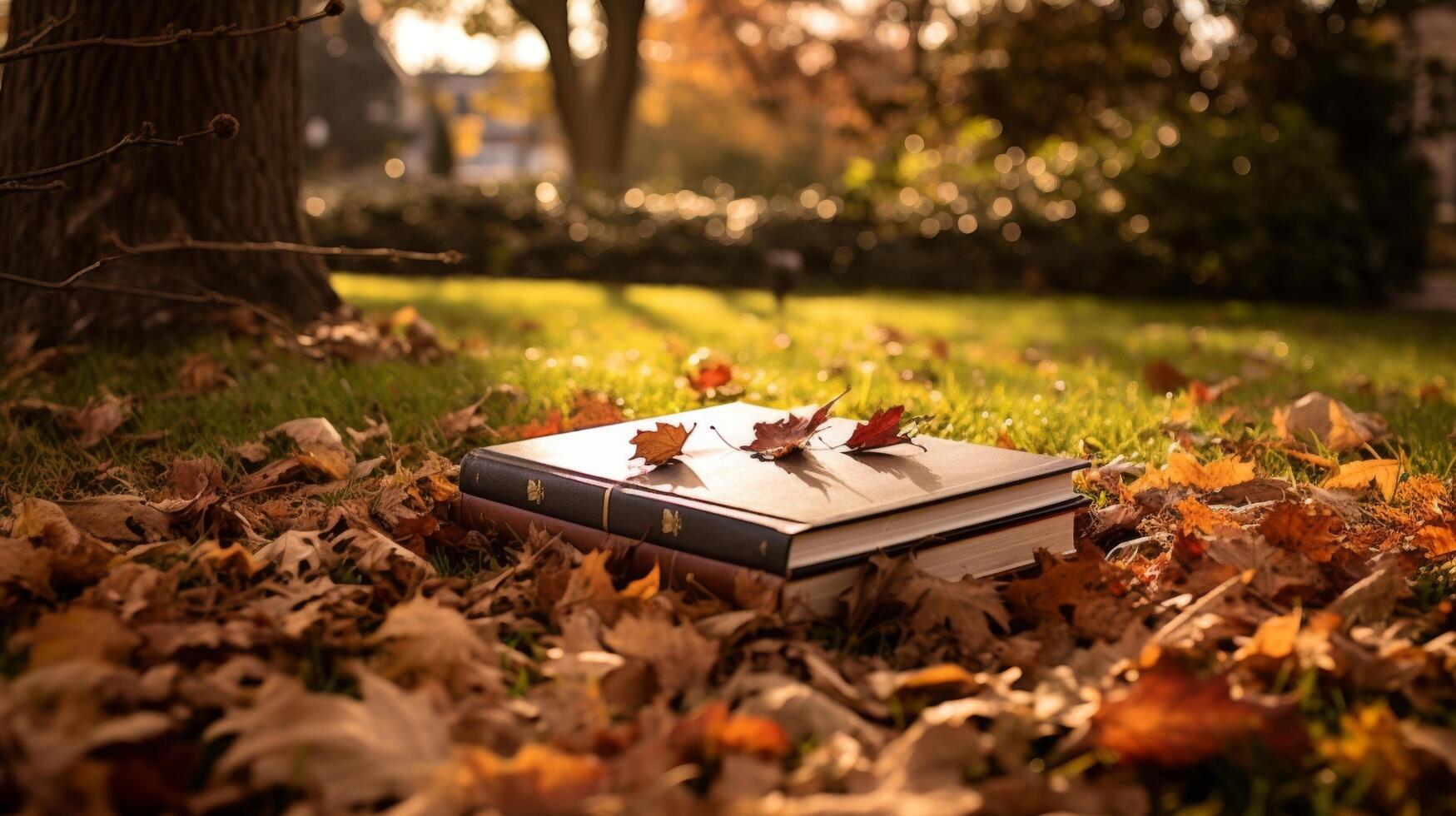 Buch inmitten Herbst Blätter im Garten foto