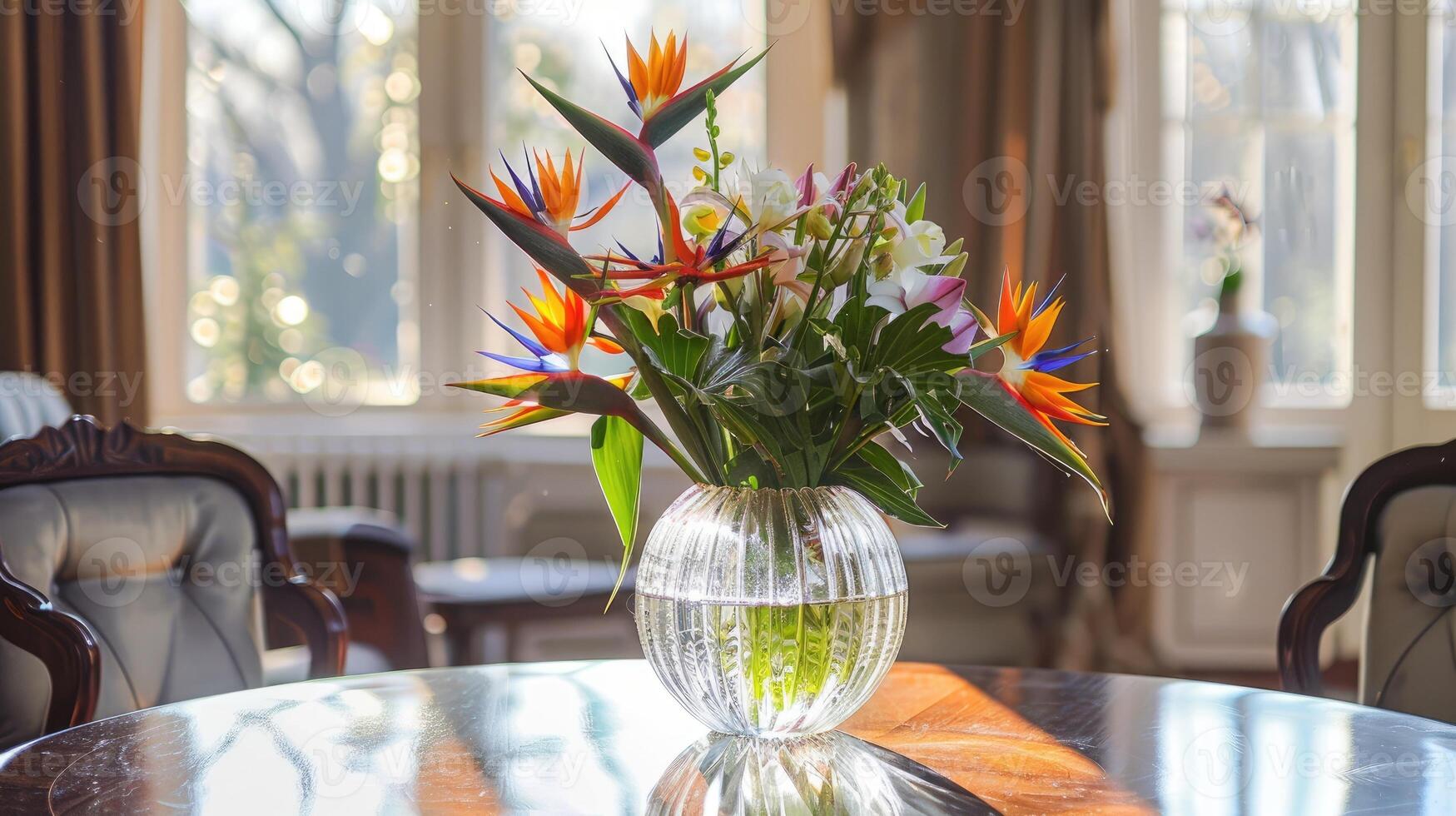 schön Vogel von Paradies Blume Anordnung im ein Kristall Vase foto