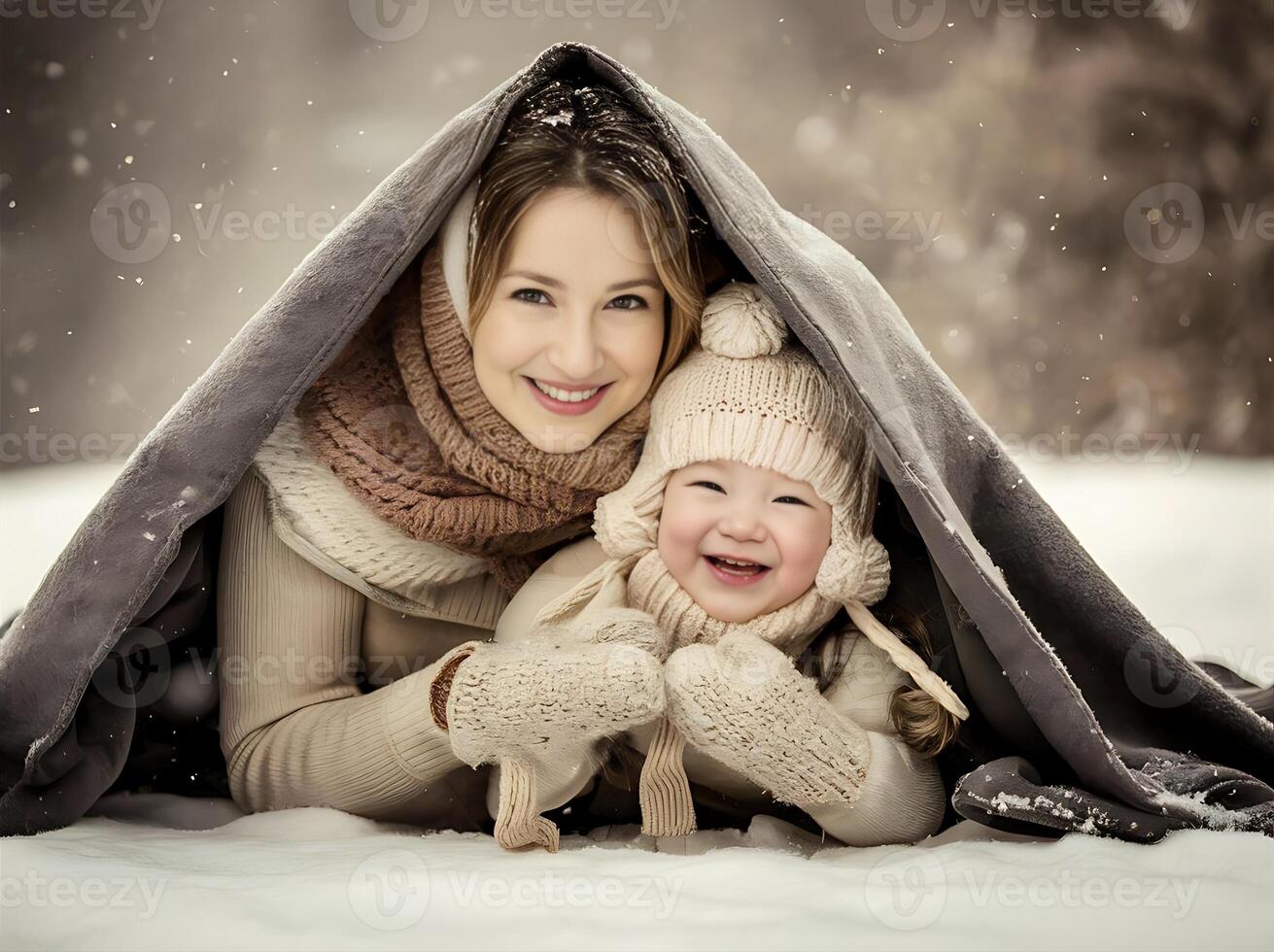 Mutter und Kind sind spielen unter ein Decke foto