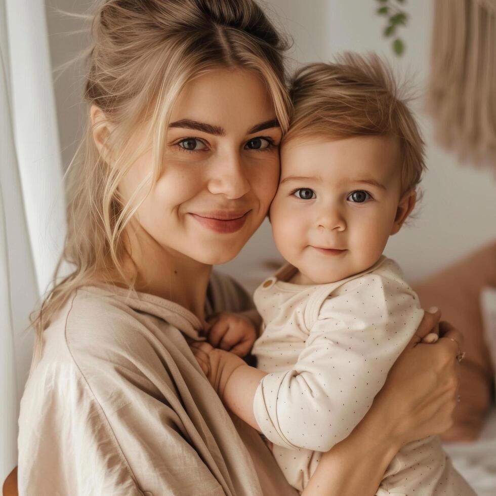 Porträt von ein lächelnd jung Mutter halten ihr Baby foto