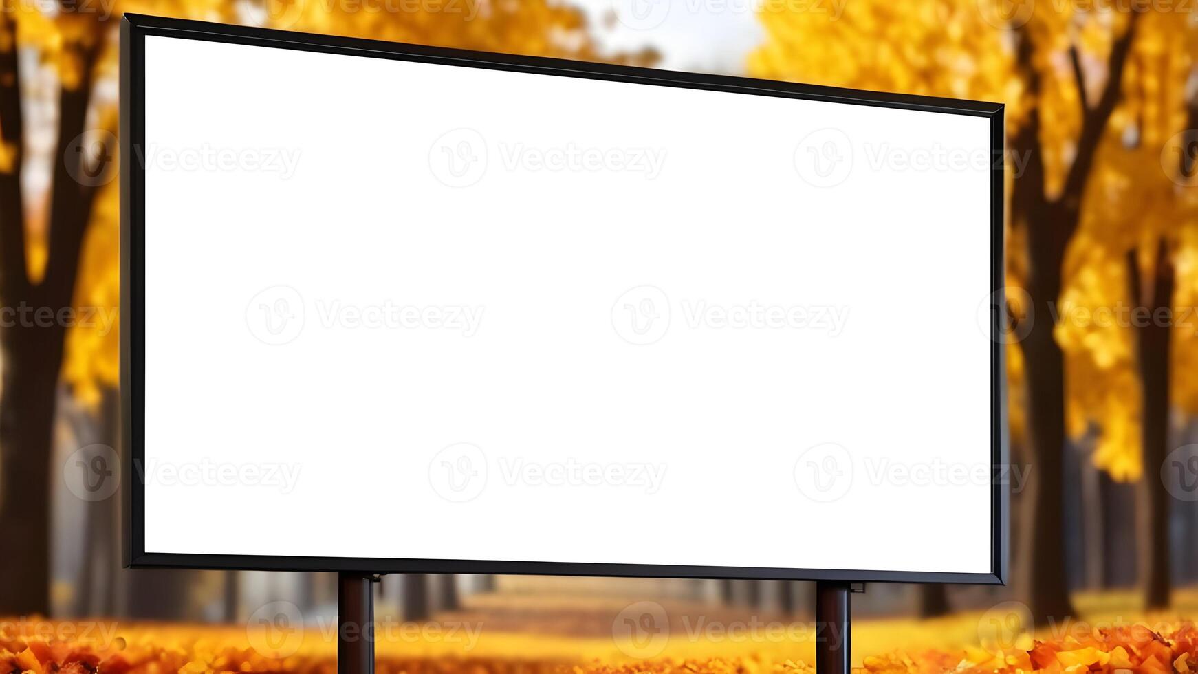 leer horizontal Plakatwand zum Werbung auf verschwommen Herbst Garten Hintergrund foto