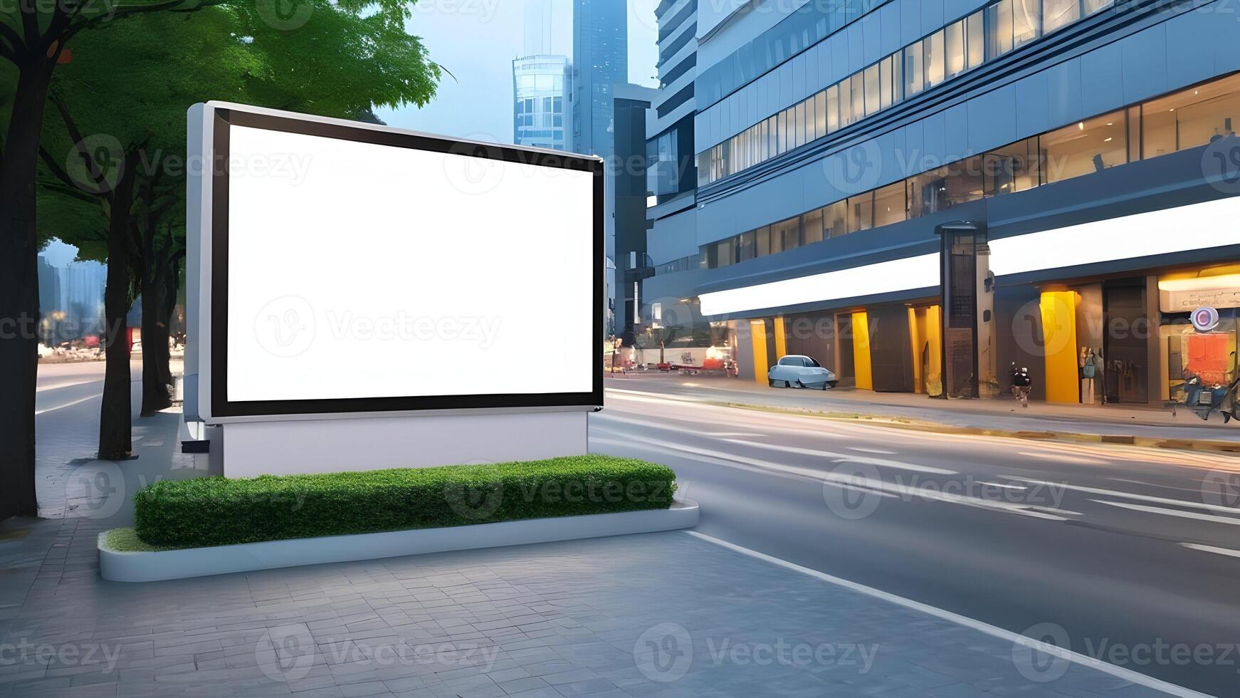 leer Weiß Plakatwand Attrappe, Lehrmodell, Simulation, Werbung Plakatwand auf Straßenrand im Stadt foto