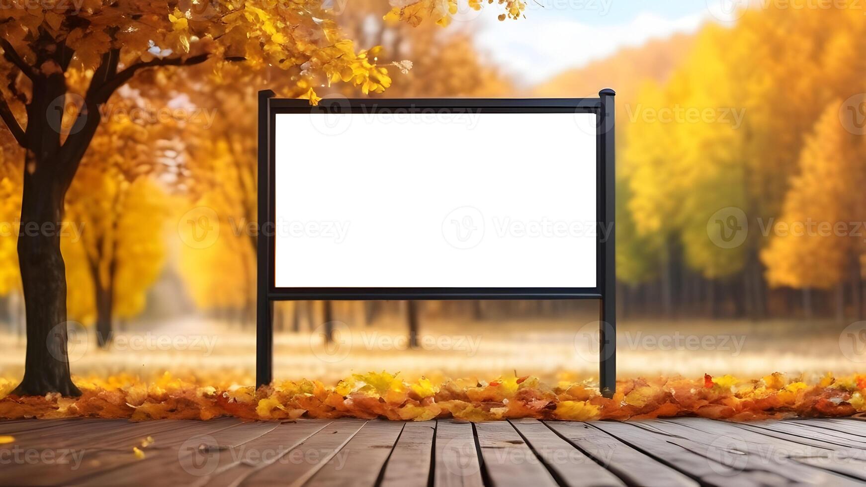 leer horizontal Plakatwand zum Werbung auf verschwommen Herbst Garten Hintergrund foto