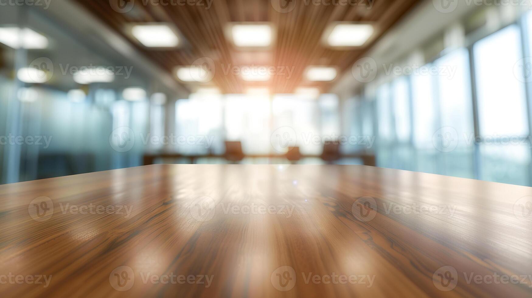 hölzern Tabelle auf verschwommen leeren öffnen Raum Büro abstrakt Licht Bokeh beim Büro Innere Hintergrund zum Design, foto