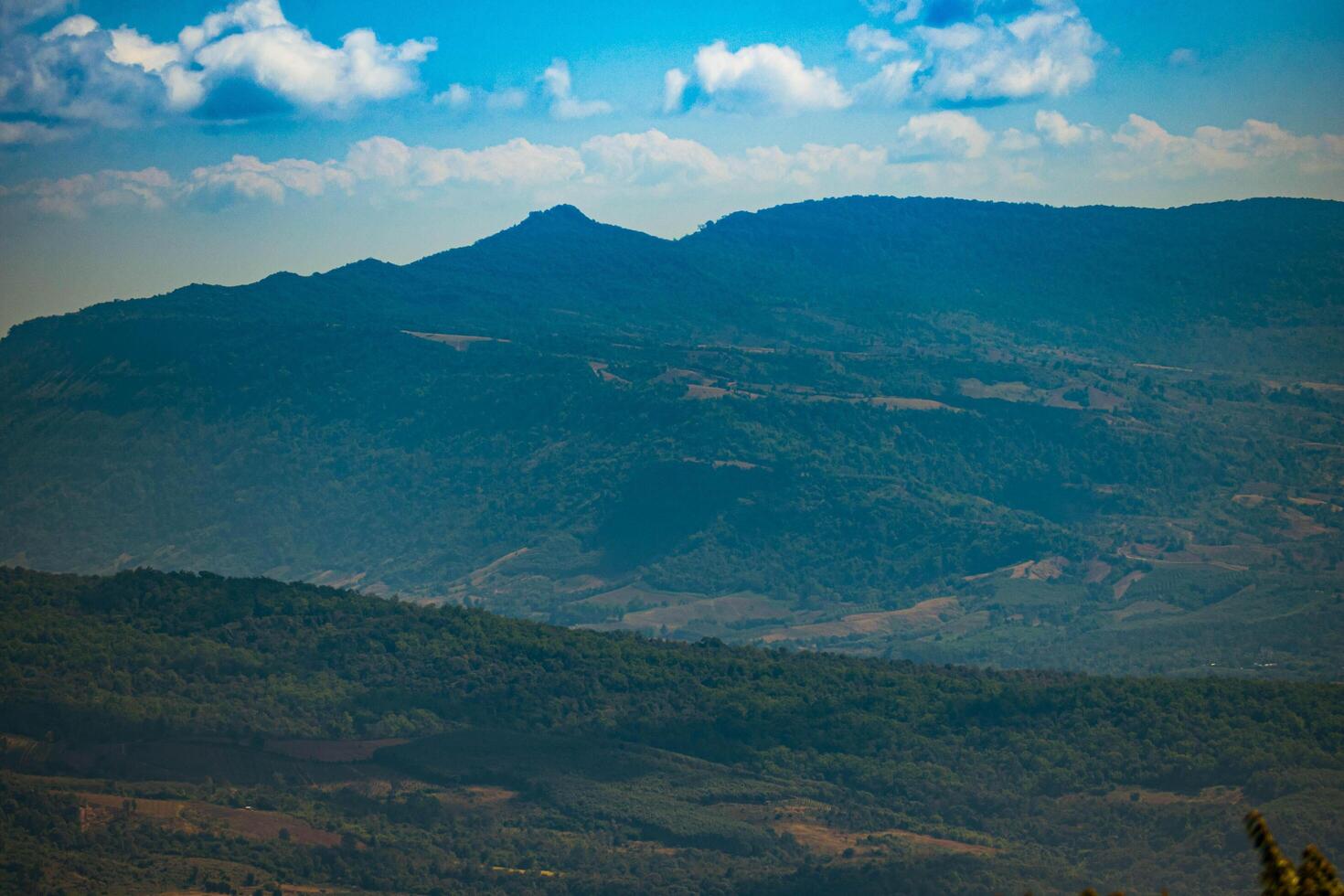 das atemberaubend Aussicht im Wald Park von ein Touristen Standpunkt wie Sie gehen Nieder ein Hügel mit Hintergrund von Blau Himmel, Regenwald, Thailand. Vogel Auge Sicht. Antenne Sicht. foto