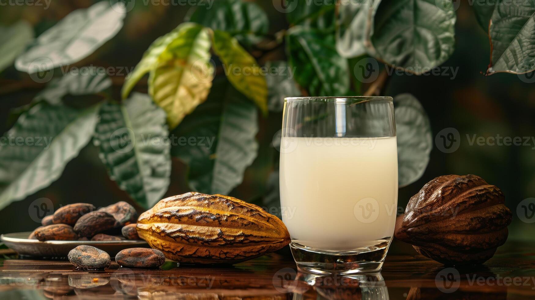 frisch Kakao Wasser im Glas und Kakao Schoten mit tropisch Blätter Hintergrund. Kakao Saft Gesundheit organisch Getränk, kalt trinken foto