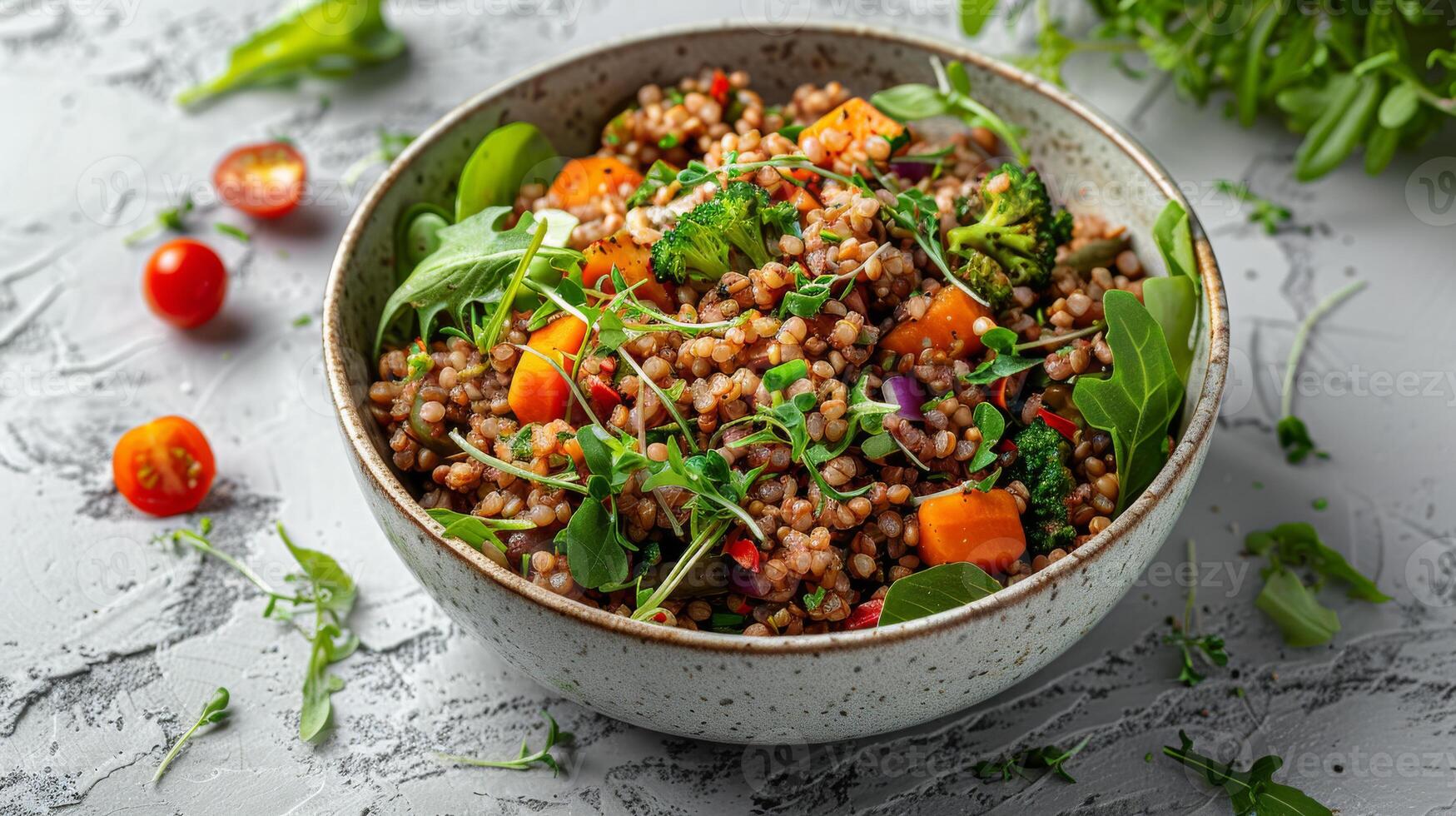 Schüssel von lecker Buchweizen Haferbrei mit Tomate und Grüns auf Weiß Tisch. Gluten kostenlos Superfood. gesund vegan Essen Konzept foto