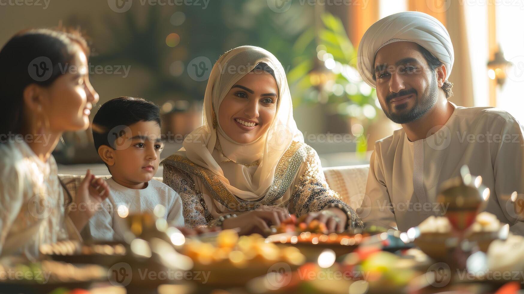 das Muslim arabisch Familie versammelt zum ein festlich Abendessen. Tabelle gefüllt mit traditionell Essen eid al adha foto