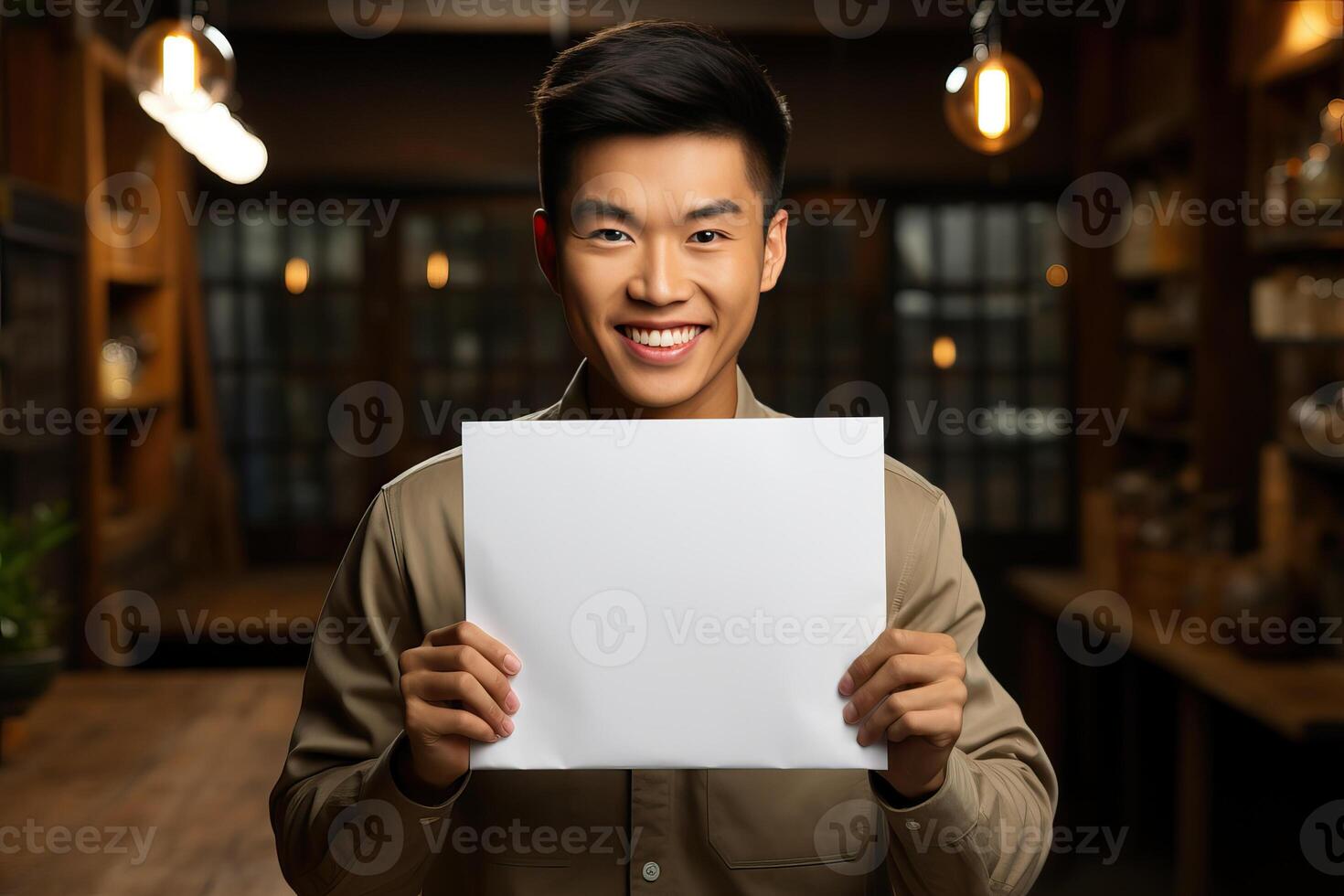 ein asiatisch Mann ist halten ein Weiß Platz Blatt von Papier mit Raum zum Werbung und Attrappe, Lehrmodell, Simulation. foto