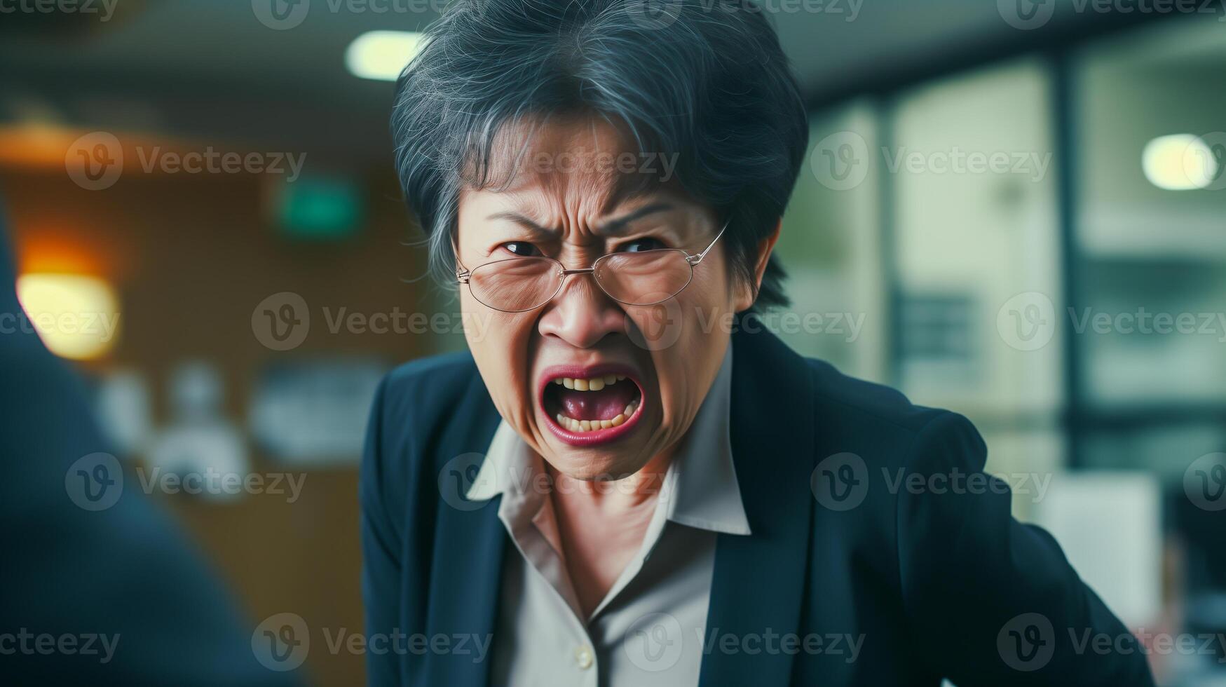 wütend alt asiatisch Boss im das Büro. Porträt von wütend Geschäftsfrau. foto