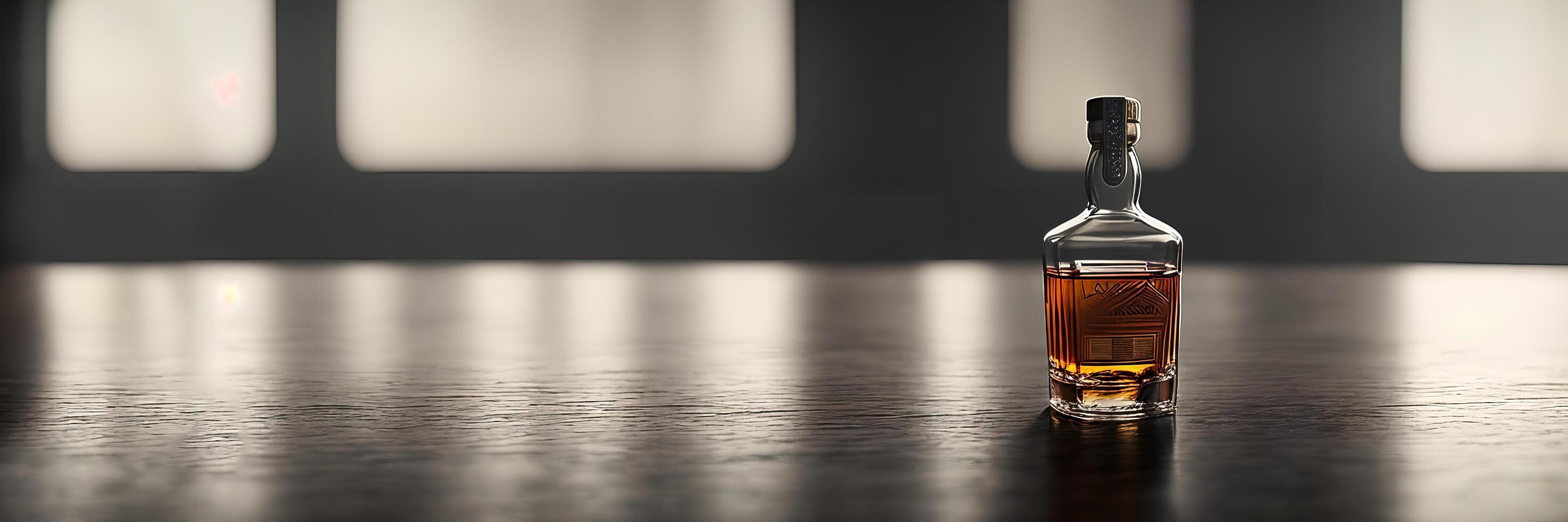 ein Single Flasche von Whiskey im richtig Ecke von das Tabelle von das Bar, dunkel farbig Bild foto