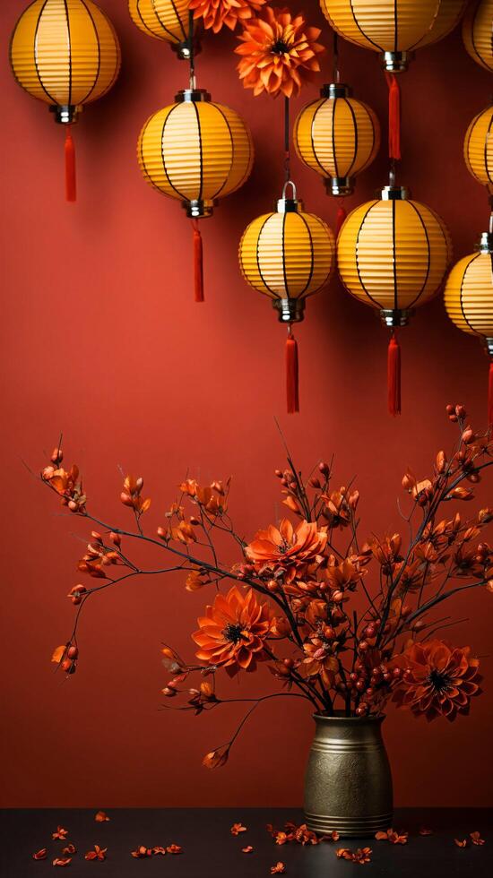 China Neu Jahr Laternen und Dekorationen auf rot Hintergrund foto