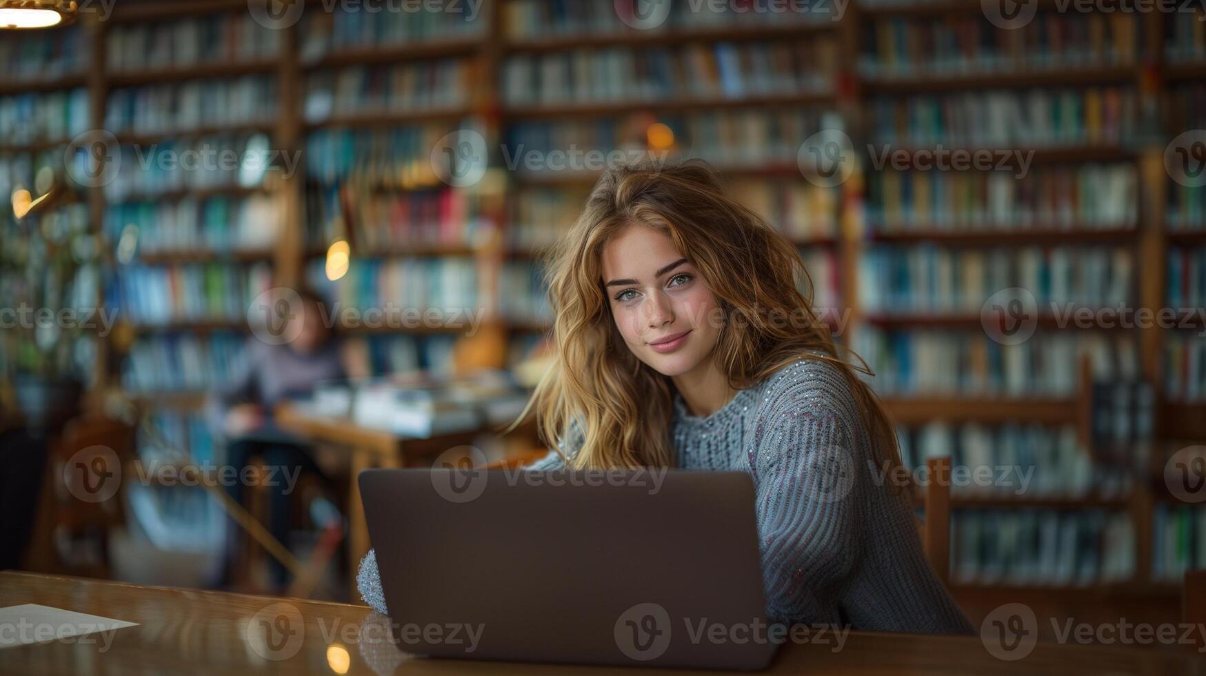 Porträt von lächelnd weiblich Schüler mit Laptop während Sitzung beim Tabelle im Bibliothek foto