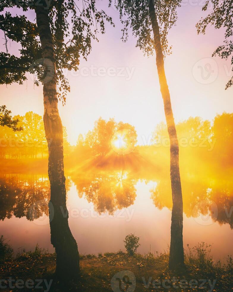 Dämmerung auf ein See oder Fluss mit ein Himmel reflektiert im das Wasser, Birke Bäume auf das Ufer und das Sonnenstrahlen brechen durch Sie und Nebel im Herbst. Ästhetik von Jahrgang Film. foto