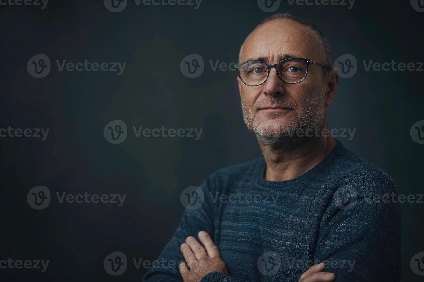 Mitte alt Mann im Brille posieren mit Lächeln gegen dunkel Hintergrund foto