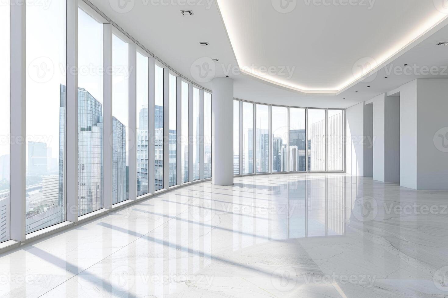 modern leeren Zimmer mit Fenster im Fußboden und Stadt Aussicht 3d machen foto