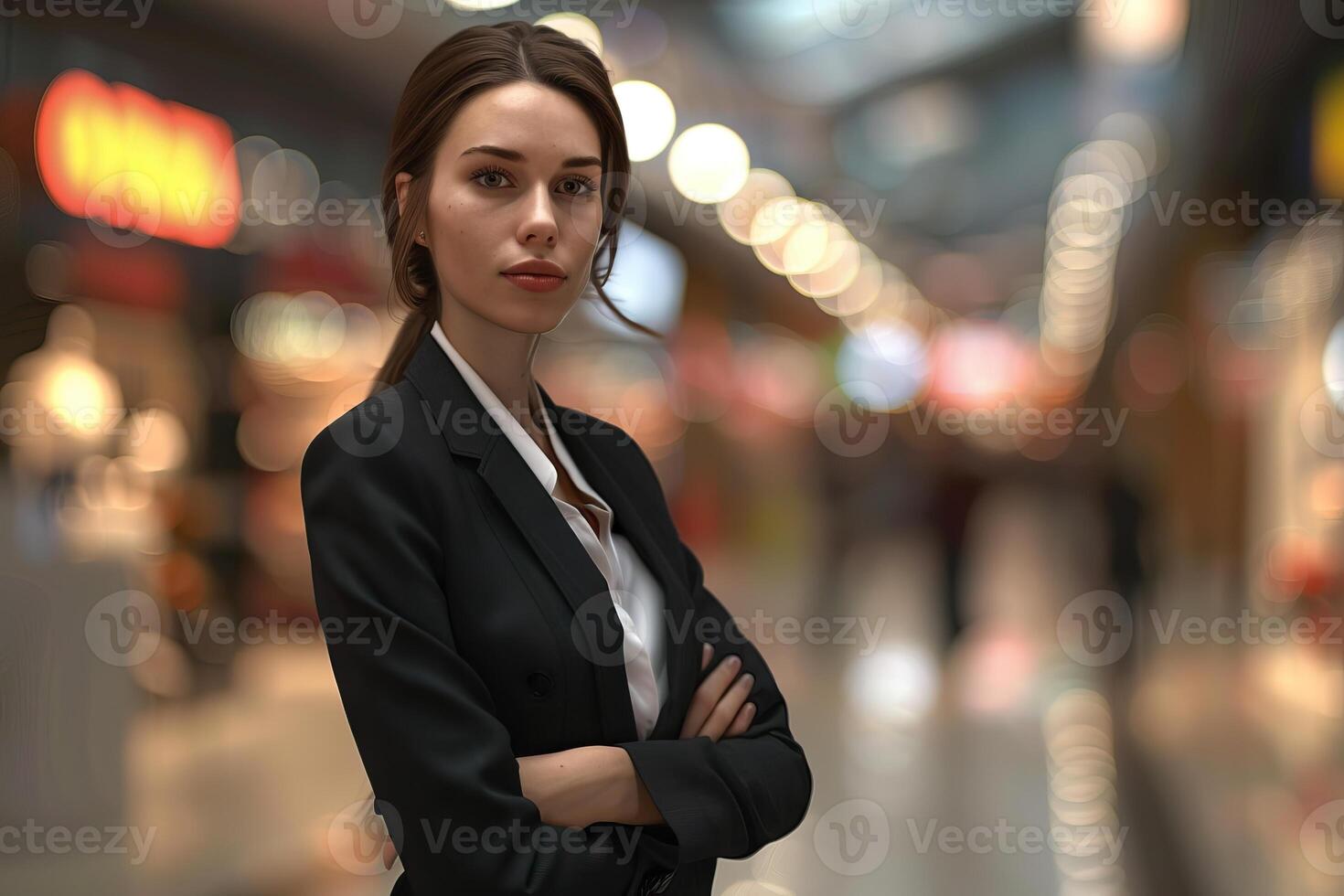 Geschäftsfrau auf verschwommen Hintergrund genießen schwarz Freitag Der Umsatz 3d Rendern foto