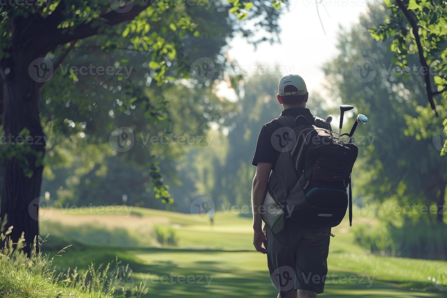 Golf Spieler im ein schwarz Hemd Gehen mit ein Tasche von Golf Vereine auf seine zurück auf ein Golf Kurs. foto