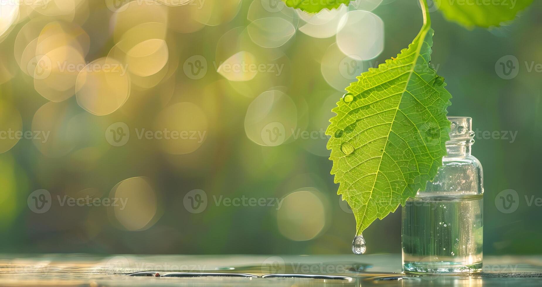 Grün Blatt mit Wasser Tröpfchen und ein klar Flasche. Nahansicht von Tau auf Laub und ein Glas Krug. Konzept von Natur, Reinheit, Umwelt Erhaltung, Wasser Zyklus. Bokeh Hintergrund. Banner. Kopieren Raum. foto