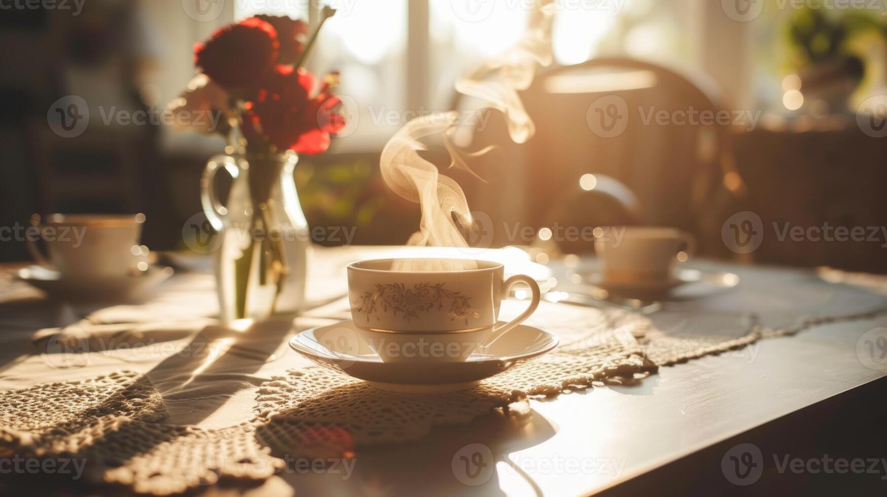 dämpfen Tasse von Tee auf ein Spitze Tischdecke mit Morgen Sonnenlicht. gemütlich Frühstück und Zuhause Komfort Konzept. immer noch Leben Foto zum Design im Cafe Menüs, Poster, und Zuhause Dekor. warm Innere.