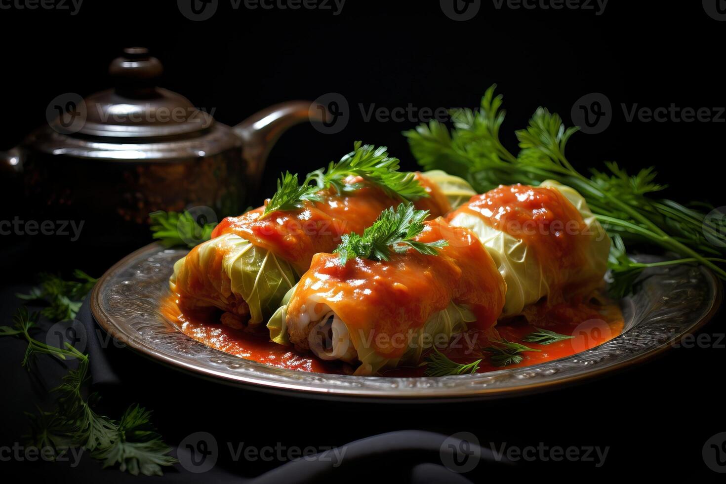 ukrainisch Kohl Rollen gefüllt mit Reis und Fleisch. serviert mit Tomate Soße und Dill. Konzept von National Küche, hausgemacht Mahlzeiten, und kulturell Geschirr foto