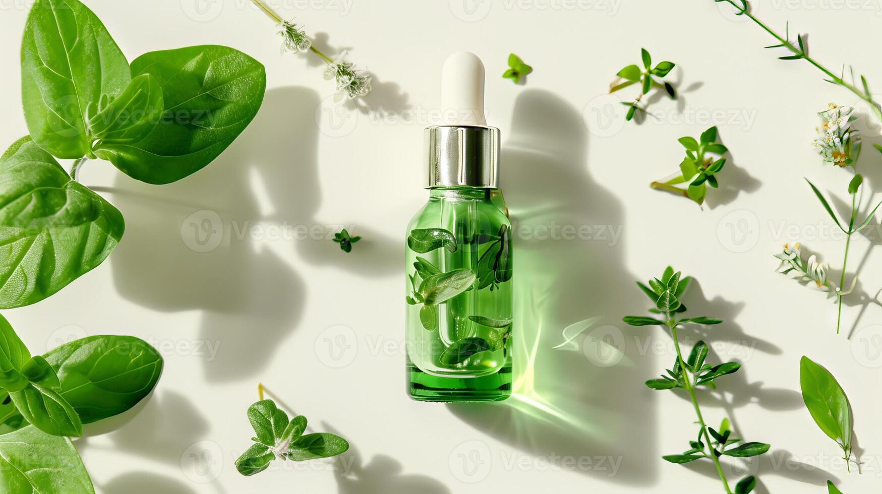 wesentlich Öl. botanisch Extrakt im Tropfer Flasche mit Grün Blätter um. Weiß Hintergrund. Konzept von Wesen, natürlich Hautpflege, organisch Schönheit Produkte, Aromatherapie, Kräuter- Kosmetika. oben Sicht. foto