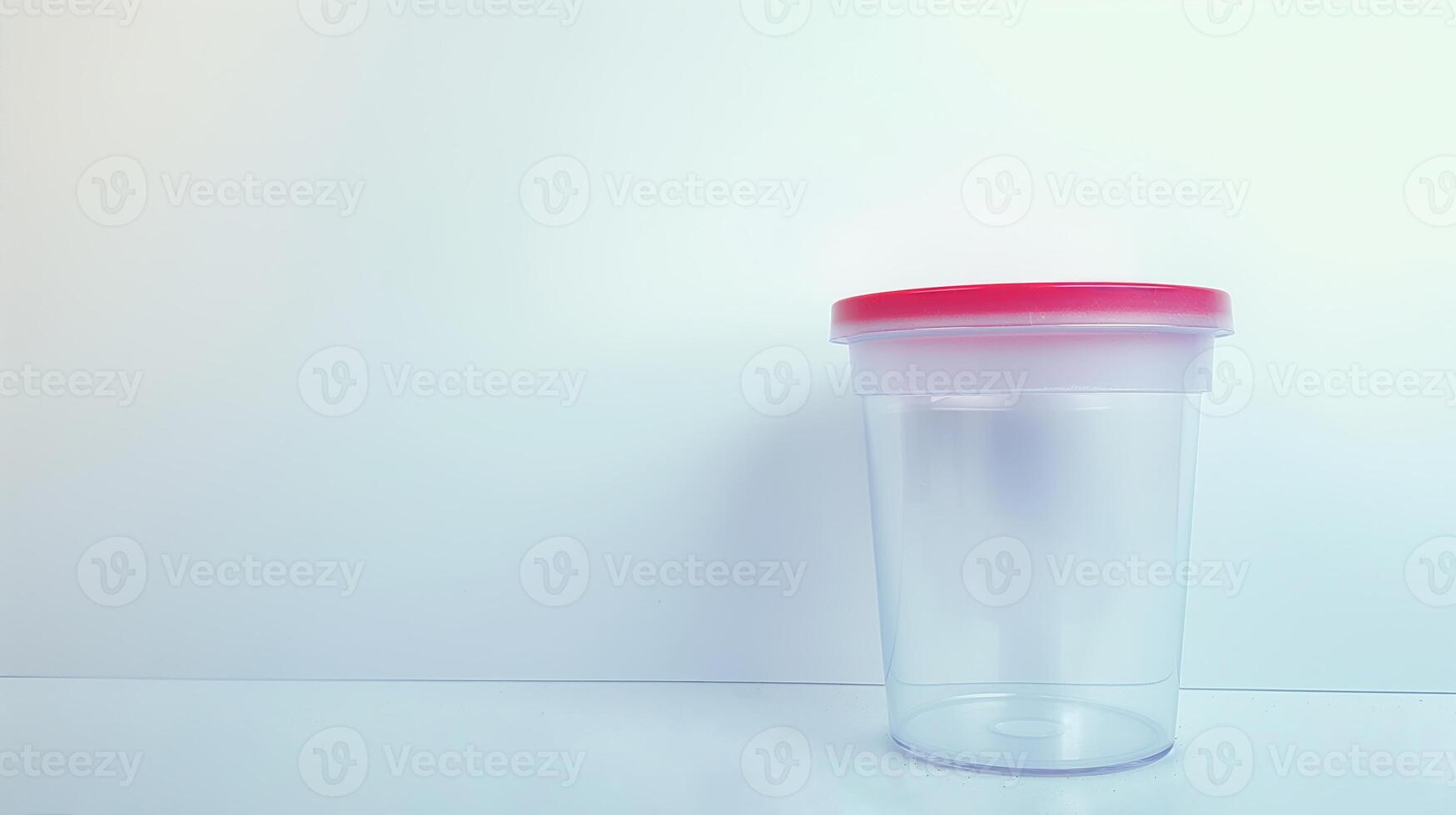 klar Urin Probe Tasse mit rot oben. steril Plastik Container zum medizinisch verwenden. Konzept von Gesundheit Screening, Labor prüfen, und Stichprobe Analyse. Weiß Hintergrund. Banner. Kopieren Raum. foto