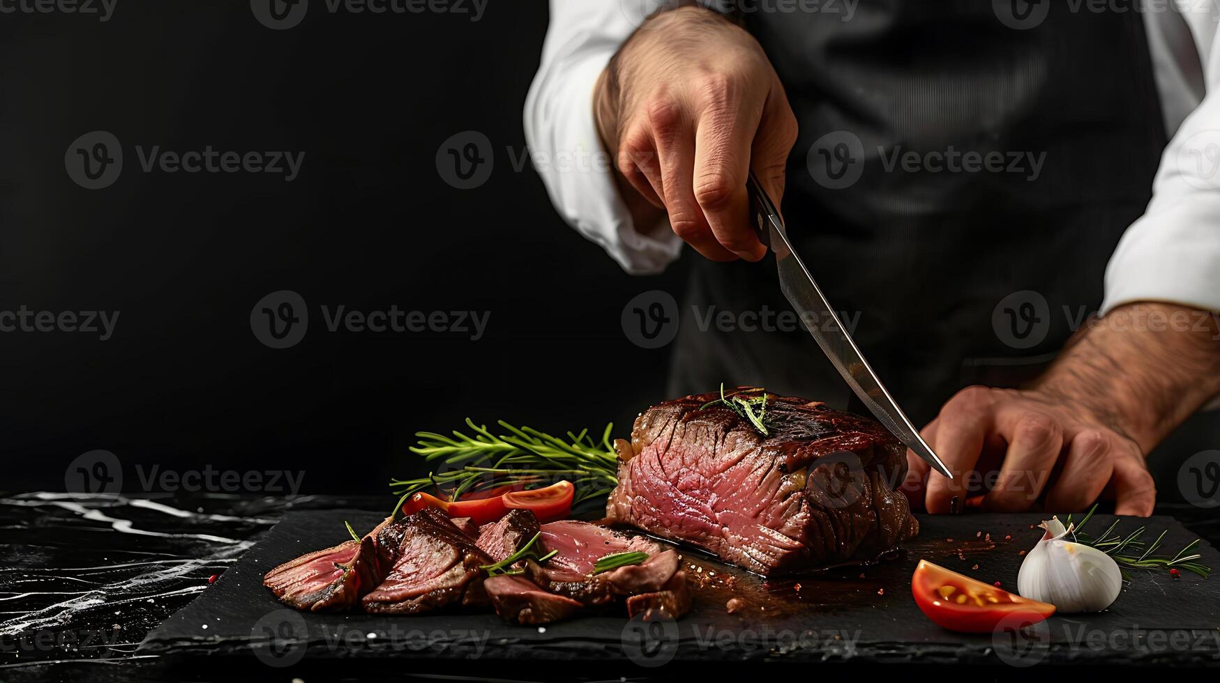 männlich Koch, Schneiden ein Fleisch Steak auf ein schwarz Hintergrund mit ein öffnen Raum zum Text oder Restaurant Menüs foto