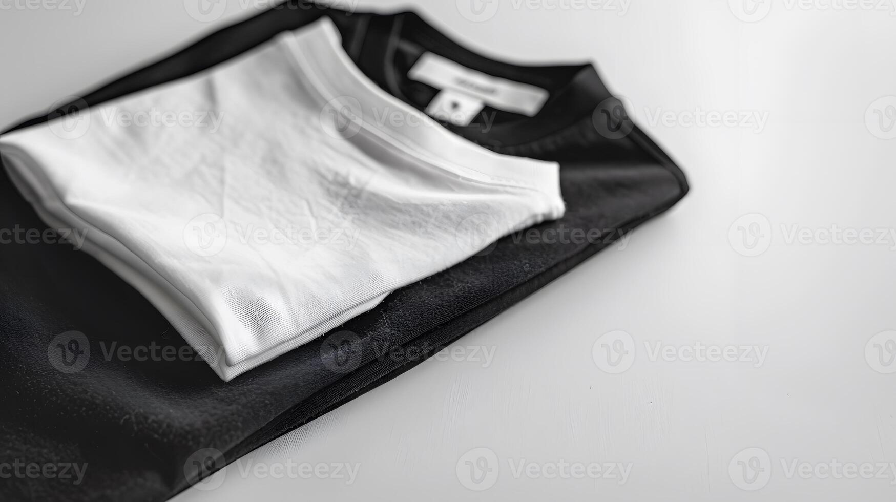 schwarz und Weiß gefaltet T-Shirt mit Etikett. foto