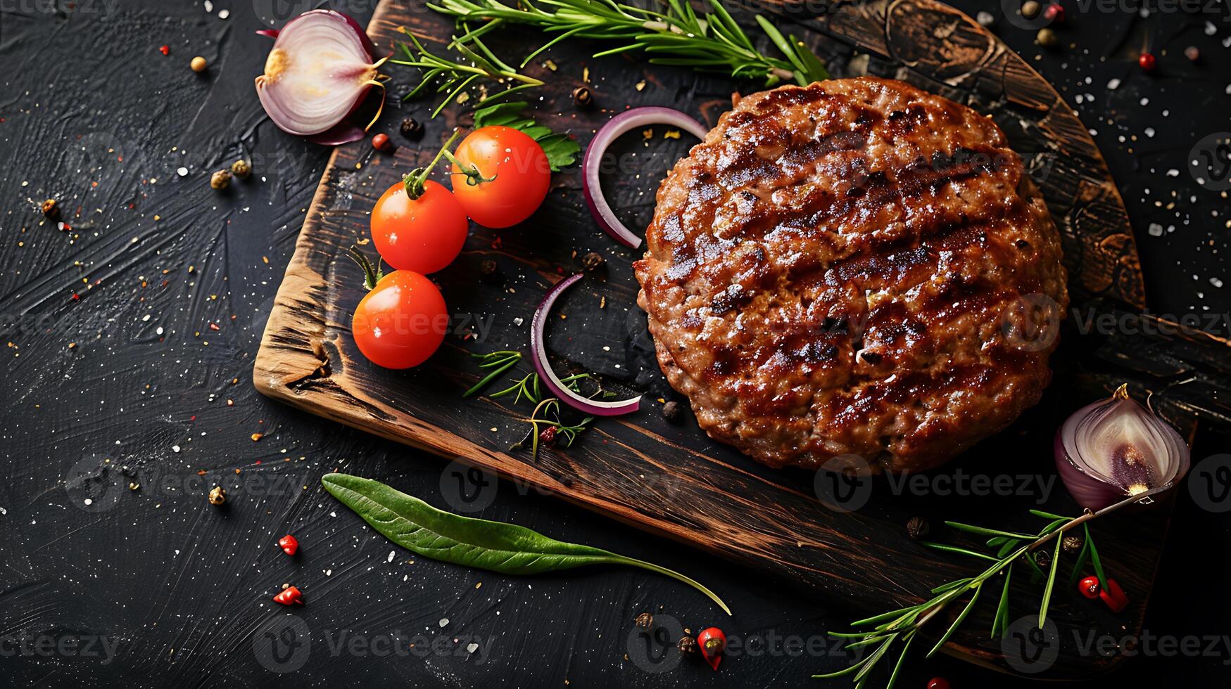 gekocht Hamburger Fleisch auf ein dunkel Hintergrund, oben Aussicht foto