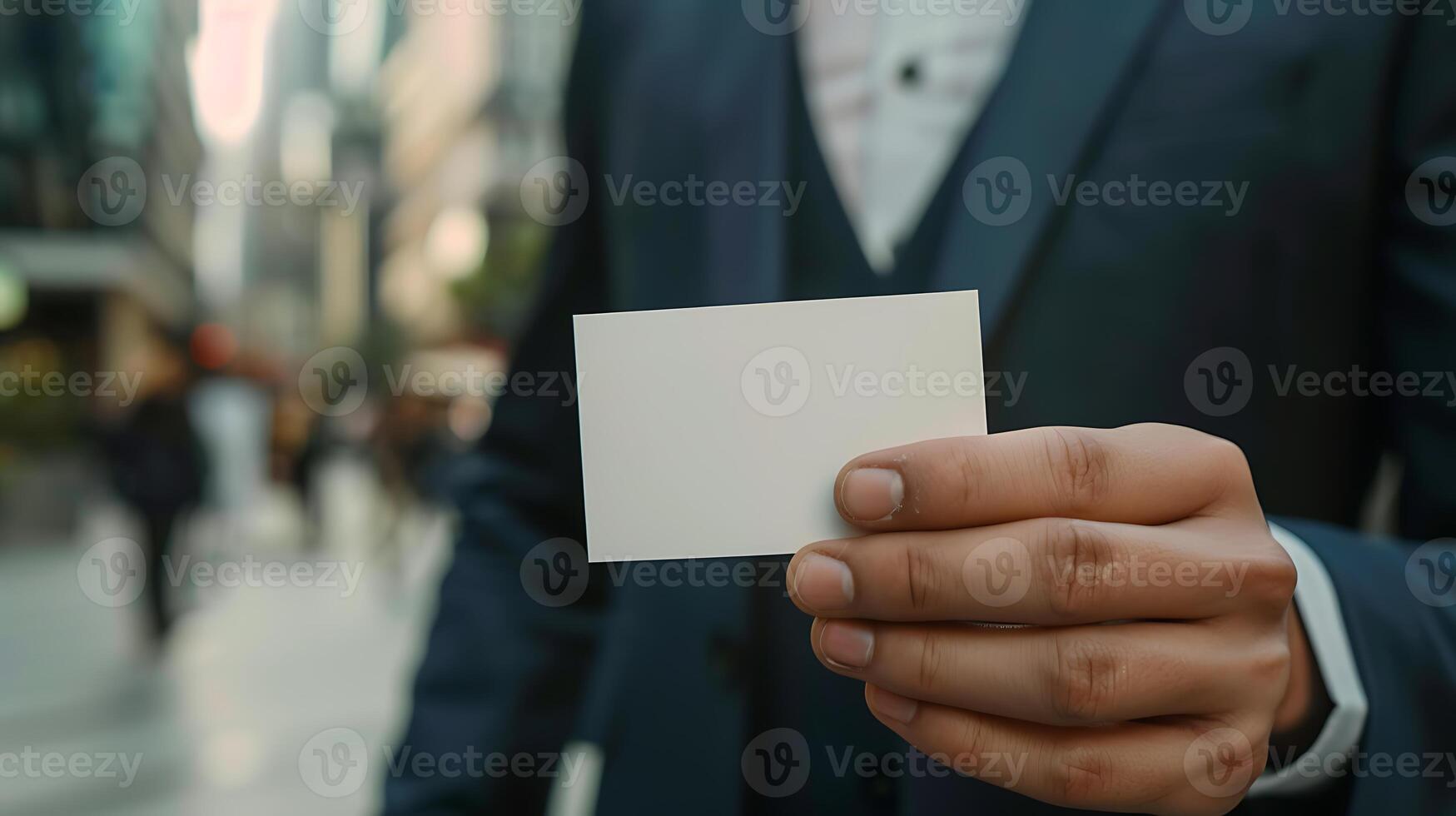 schließen oben Hand von Geschäftsmann halten leer Weiß Karte im Studio foto