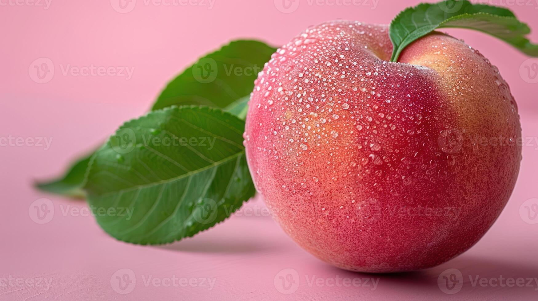 detailliert Nahansicht von ein frisch Apfel mit ein Grün Blatt gegen ein Sanft Rosa Hintergrund foto