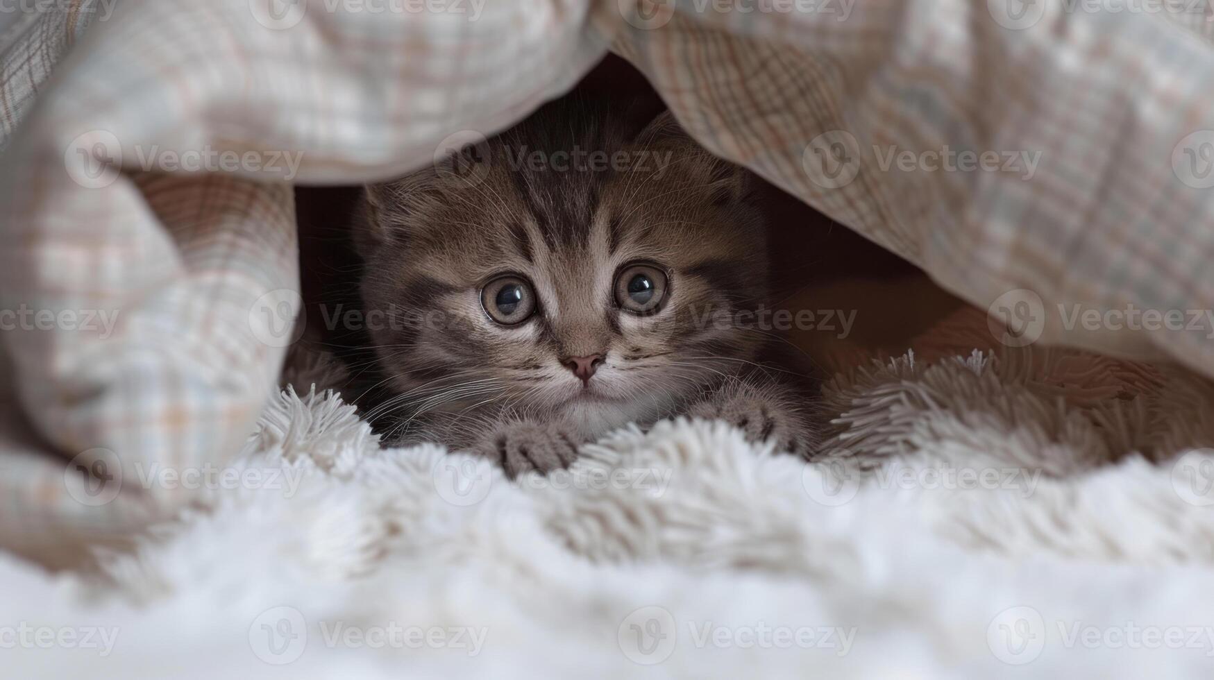 ein klein Kätzchen stupsen es ist Kopf aus von unter ein gemütlich Decke foto